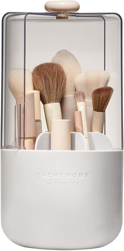 EACHY Makeup Brush Holder with Lid, 360° Rotating Vanity Organizer for Brushes, Dustproof Cosmetic Display Case, 7 Compartments, Waterproof Plastic (White)