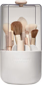 EACHY Makeup Brush Holder with Lid, 360° Rotating Vanity Organizer for Brushes, Dustproof Cosmetic Display Case, 7 Compartments, Waterproof Plastic (White)