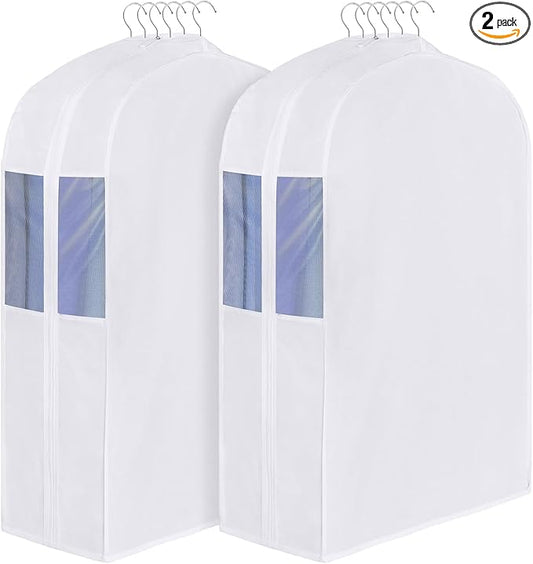 Univivi Premium Cotton Garment Bags for Hanging Clothes, 32 Inch Washable Suit Storage Bags for Closet Storage with Extra Large 10" Gusset & Clear Window - Perfect for Shirts, Short Skirt - 2 Pack