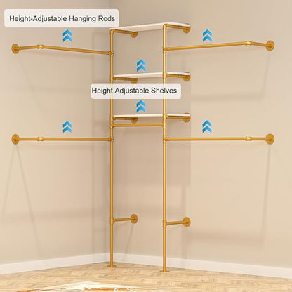 KaKaBB Heavy Duty Gold Pipe Clothing Rack - Wall Mounted Industrial Clothes Rack, DIY Corner Closet System with Shelves, Adjustable Walk-in Closet Organizer (GOLD, 94.5")