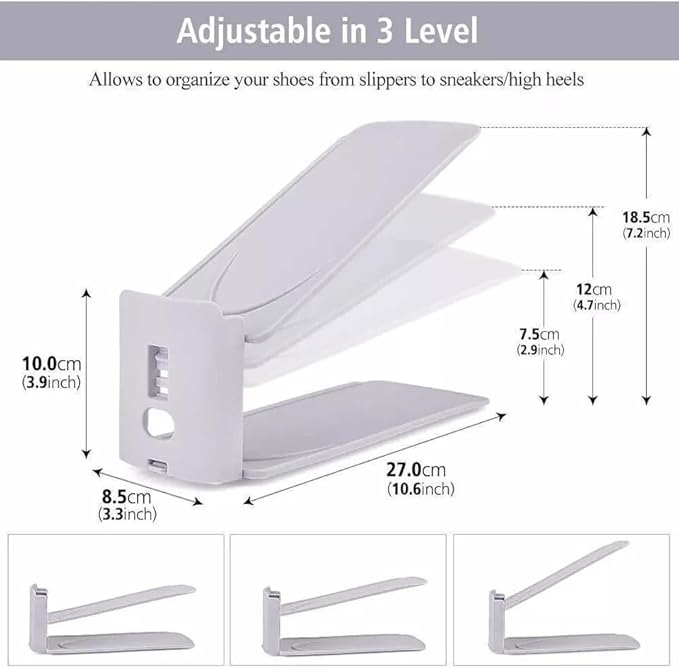 HYGRAD BUILT TO SURVIVE Shoe Slots Pack Of 12 Space-Saving Adjustable Shoe Storage Organiser with 3-Level Height, Non-Slip Shelf Holder, Plastic (Grey)