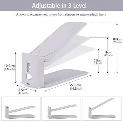 HYGRAD BUILT TO SURVIVE Shoe Slots Pack Of 12 Space-Saving Adjustable Shoe Storage Organiser with 3-Level Height, Non-Slip Shelf Holder, Plastic (White)