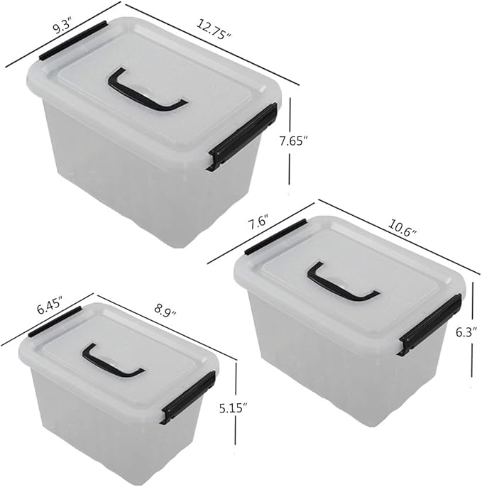 Wekioger 3 Pack Mixed Size Plastic Storage Bins for Multiuses, Clear Latching Storage Box (12Qt, 6Qt, 3.5Qt)
