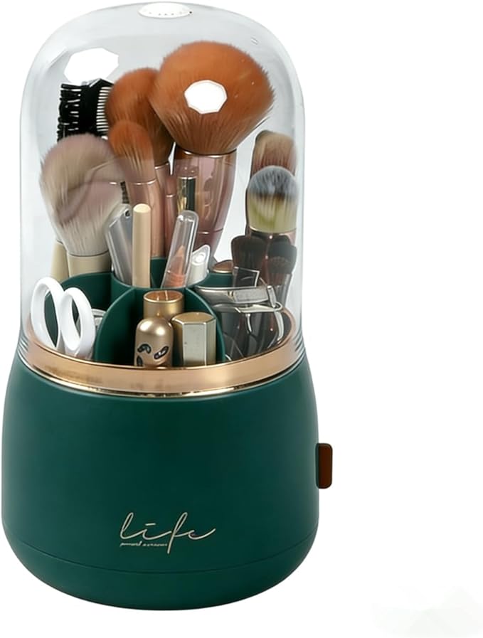 360 Rotating Makeup Brush Holder with Lid,Clear Dustproof Make Up Organizers for Vanity Countertop,Includes a Foldable Bowl for Cleaning Makeup Brush,Transparent, Dustproof-Green
