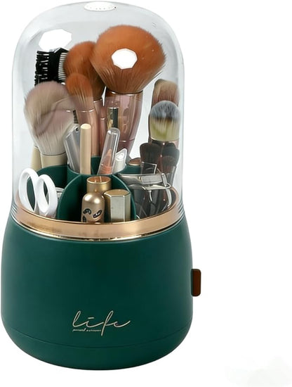 360 Rotating Makeup Brush Holder with Lid,Clear Dustproof Make Up Organizers for Vanity Countertop,Includes a Foldable Bowl for Cleaning Makeup Brush,Transparent, Dustproof-Green