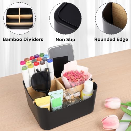 Segarty Black Desktop Organizer, Detachable Bamboo Remote Control Holder, Desk Storage Box Pencil Pen Holder Caddy for Office Home Bedside Nightstand Organization - Image 4