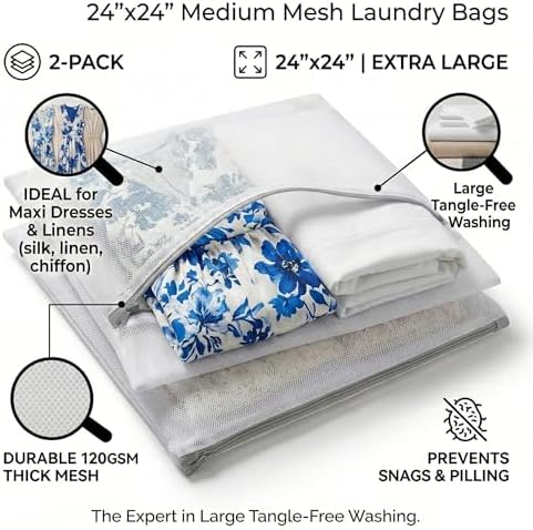 24x24 Medium Mesh Laundry Bags for Delicates, 2-Pack – for Lightweight Dresses, Blouses & Bed Linens – Durable 120GSM Fabric Prevents Snags & Pilling, Reusable Wash Bags - Image 2