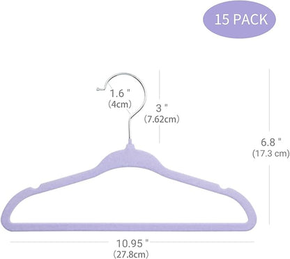 ManGotree 11" Baby Velvet Hangers, Non-Slip Kids Coat Hangers with 360° Swivel Hook, Ultra-Thin Felt Children's Hanger for Infant & Toddler Clothes, 15 Pack (Purple)
