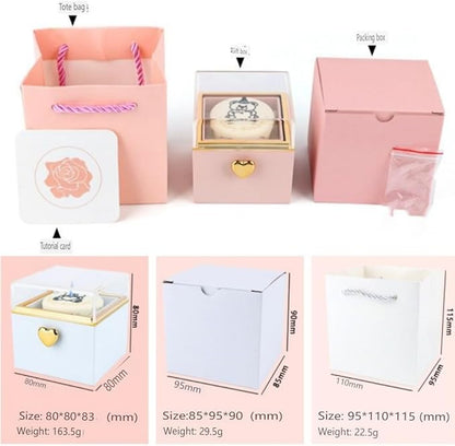 Magic Flip Jewelry Carousel with Heart Button Surprise, Rotating Transparent Gift Box - Bear Cake or Flower Design Organizer for Necklaces & Rings, Birthday Mothers Day Gifts for Women (Red Bear)
