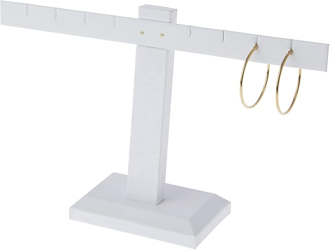Plymor White Faux Leather T-Bar, Four Pair Earring Display Stand, 10.25" W x 6" H (Pack of 12)