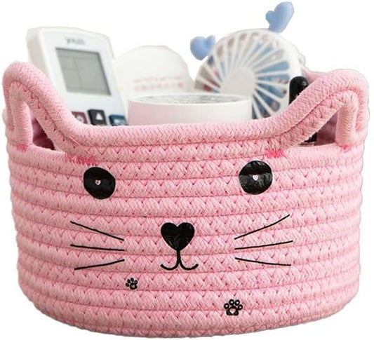 Pet Toy Basket Organzier Cotton Rope Basket Cute Storage Bin Pink Baby Nursery Basket With Ears Gifts Basket For Pet Lover 8.3 x 4.7 inches,Pink