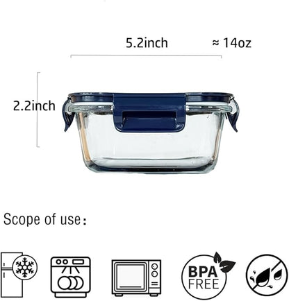 2 Cup Square Glass Food Containers set, Small Square Food Storage Containers With Airtight Lids, BPA free 16oz small Glass Meal Prep Bowls, Dishwasher, Microwave, Freezer Safe (Dark Blue)