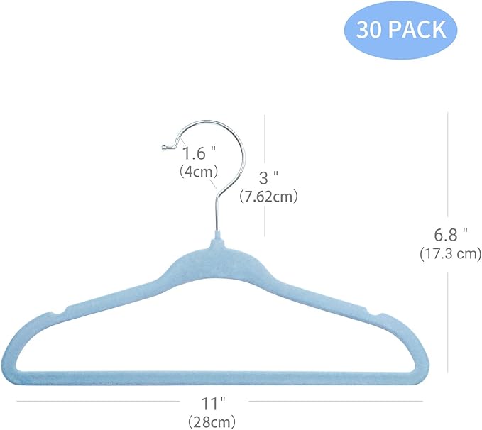 ManGotree Velvet Baby Clothes Hangers, Baby Toddler Kids Hangers with Swivel Hook, Notched Shoulder Design for Kids and Children Clothes (30 Pack, Blue)