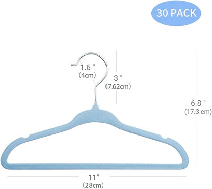 ManGotree Velvet Baby Clothes Hangers, Baby Toddler Kids Hangers with Swivel Hook, Notched Shoulder Design for Kids and Children Clothes (30 Pack, Blue)