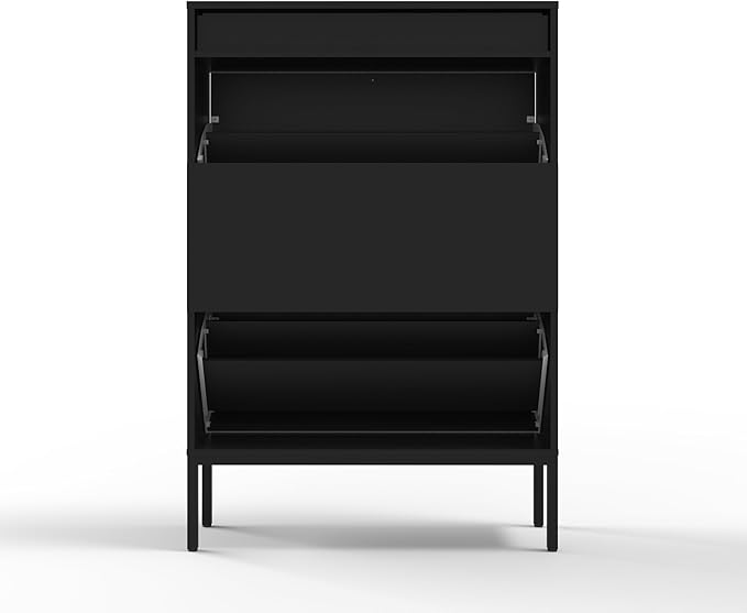 XIAO WEI Shoe Cabinet, Shoe Storage Organizer Cabinet with 2 Flip Wavy Line Drawers, Freestanding Shoe Rack with Adjustable Shelf for Entryway（Black）
