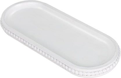 MAONAME Oval Long Narrow Wood Tray, Rustic Decorative Tray with Beaded, White Farmhouse Vanity Trays, Toilet Tank Trays for Dresser, 12" x 4.7"