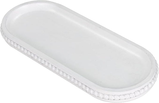 MAONAME Oval Long Narrow Wood Tray, Rustic Decorative Tray with Beaded, White Farmhouse Vanity Trays, Toilet Tank Trays for Dresser, 12" x 4.7"