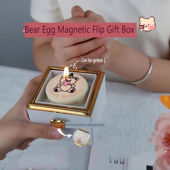 Magic Flip Jewelry Carousel with Heart Button Surprise, Rotating Transparent Gift Box - Bear Cake or Flower Design Organizer for Necklaces & Rings, Birthday Mothers Day Gifts for Women (Pink Bear)