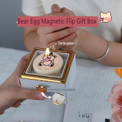 Magic Flip Jewelry Carousel with Heart Button Surprise, Rotating Transparent Gift Box - Bear Cake or Flower Design Organizer for Necklaces & Rings, Birthday Mothers Day Gifts for Women (Red Bear)