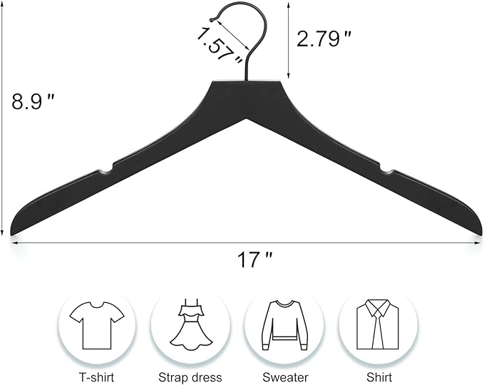 TOPIA HANGER Wooden Hangers 20 Pack, Rubber Wood Clothes Hangers with Rotatable Black Hook and Smooth Cut Nothces, Durable Hanger for Coats, Suits, Jackets, Sweaters, Dresses, Black - CTS07B