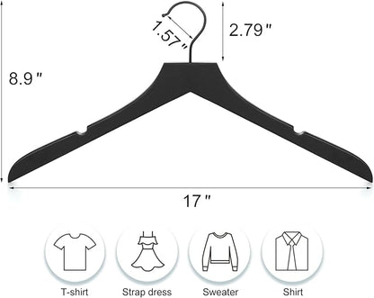 TOPIA HANGER Wooden Hangers 20 Pack, Rubber Wood Clothes Hangers with Rotatable Black Hook and Smooth Cut Nothces, Durable Hanger for Coats, Suits, Jackets, Sweaters, Dresses, Black - CTS07B
