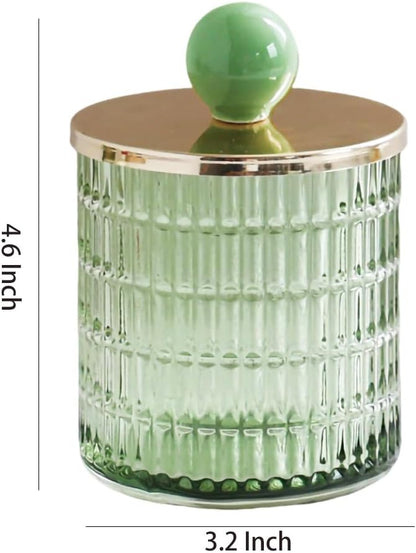 WAIT FLY Embossed Glass Cotton Swabs Dispenser with Lid Bathroom Cup Bathroom Vanity Organizer-Green