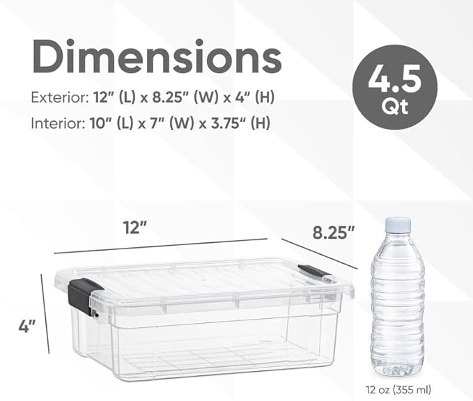 Superio Clear Plastic Storage Bins with Lid, 4.5 Quart Box, Organizing Containers, Stackable Plastic Tote for Home, Garage, Dorm, School, and Office