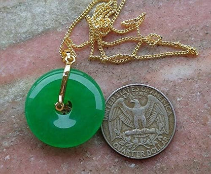 Yellow Gold Plate Green JADE Pendant Circle leaf Chain Diamond Imitation 101478, 24mm X 5mm