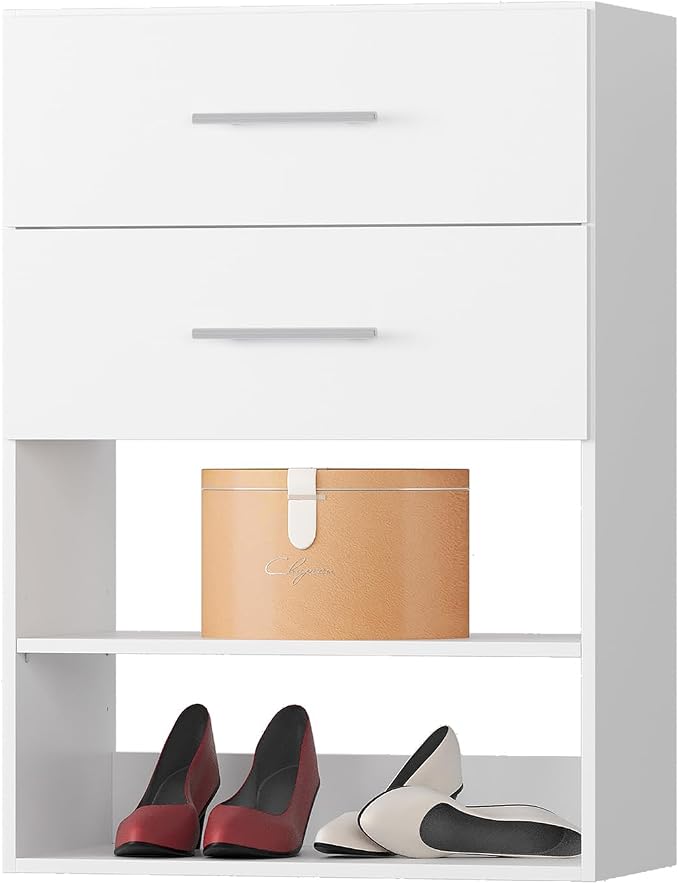 2 Drawer Short Tower Closet Unit, Modular Closet System, Wood Closet System Organizer with Storage for Walk In Closets, Clothing Rack Closet for Hanging Clothes, Bedroom, White, 25.5"W