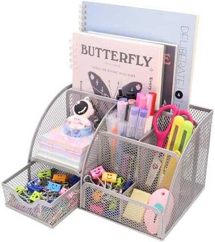 Boutilon Mesh Desk Organizer Desktop Office Supplies Stationary Organizer with 6 Compartments and 1 Drawer Multi-Functional Caddy Pen Holder for Home Office School Desk Decor(Silver) by Boutilon