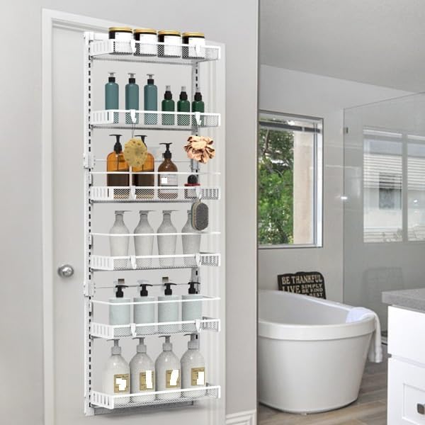 6-Tier Over the Door Organizer, Heavy Duty Metal Pantry Door Rack, Hanging Storage Shelf for Kitchen, Over The Door Spice Rack & Pantry Organizer, 6-Shelf Metal Hanging Storage (White)