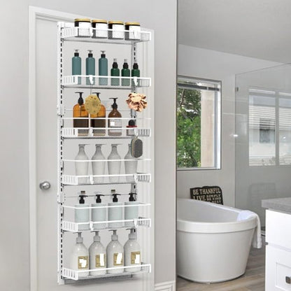 6-Tier Over the Door Organizer, Heavy Duty Metal Pantry Door Rack, Hanging Storage Shelf for Kitchen, Over The Door Spice Rack & Pantry Organizer, 6-Shelf Metal Hanging Storage (White)