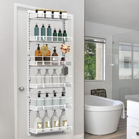 6-Tier Over the Door Organizer, Heavy Duty Metal Pantry Door Rack, Hanging Storage Shelf for Kitchen, Over The Door Spice Rack & Pantry Organizer, 6-Shelf Metal Hanging Storage (White)