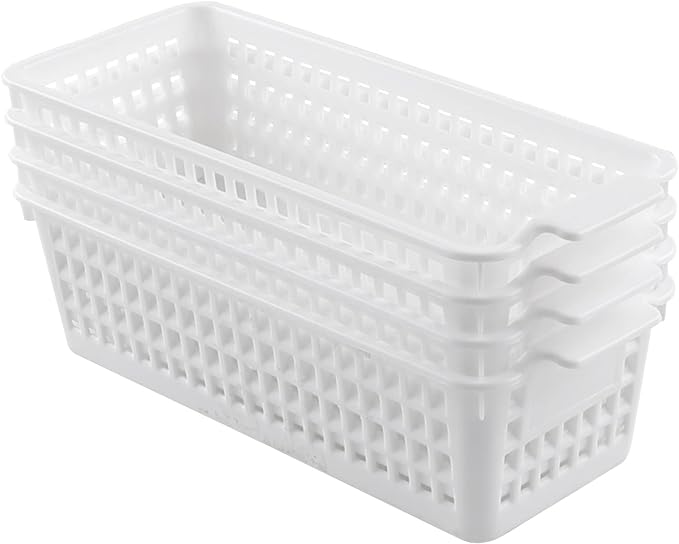 Saedy 4-Pack Slim Storage Basket, Plastic Organized Baskets, White