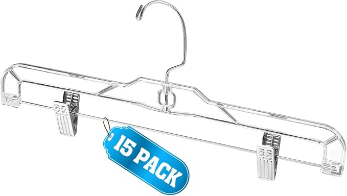 AMKUFO Pants-Hangers-with-Clips-15-Pack, 14 Inch Clear-Plastic-Skirts-Hangers-with-Adjustable-Clips for Shorts Jeans Trousers, Clothes-Hangers Non-Slip Clip-Hangers