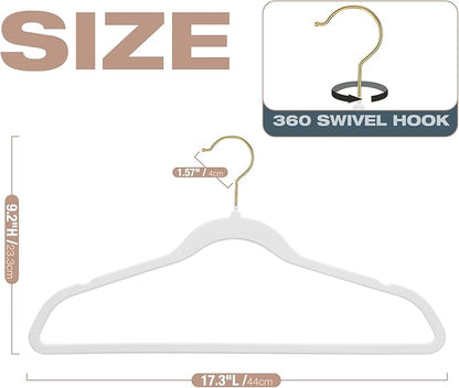 50 Pack White Velvet Hangers,Non Slip,Heavy-Duty,Slim,Space Saving,with Felt Surface and Gold 360°Swivel Hook,for Pants,Outfit,Skirts,Suits,Coats,Dresses ect.
