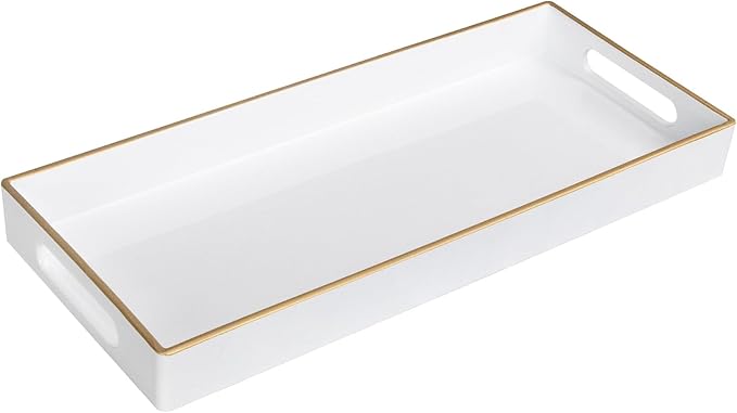 MAONAME White Vanity Tray, Plastic Decorative Tray, Rectangular Trays with Handles, Narrow Bathroom Trays for Toilet Tank, 13.8" X 6" X 1.57"