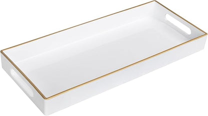 MAONAME White Vanity Tray, Plastic Decorative Tray, Rectangular Trays with Handles, Narrow Bathroom Trays for Toilet Tank, 13.8" X 6" X 1.57"