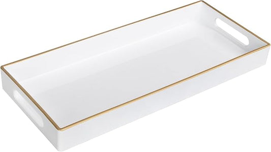 MAONAME White Vanity Tray, Plastic Decorative Tray, Rectangular Trays with Handles, Narrow Bathroom Trays for Toilet Tank, 13.8" X 6" X 1.57"