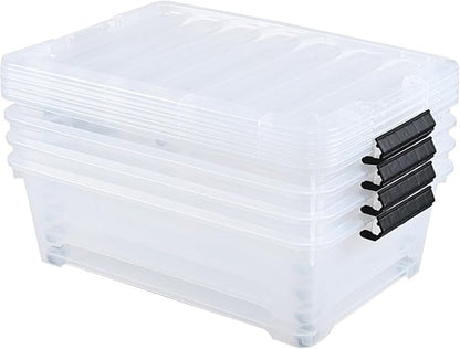 20 Quart Stackable Plastic Under Bed Bins with Lid, Set of 4 Clear Latch Storage Container with Wheels