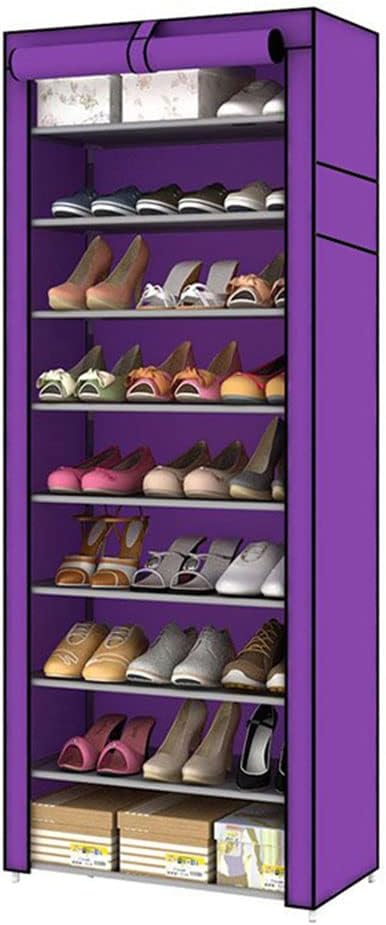 BNSPLY 10-Tier Non-Woven Fabric Shoe Rack, Large Shoe Shelf with Dustproof Cover, 2 side pockets Shoe Storage Cabinet Organizer for Closets, Bedrooms, Garages，Purple
