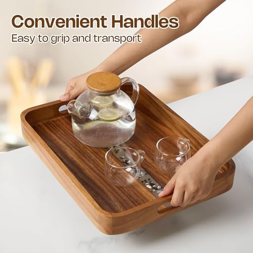 Acacia Wood Serving Tray with Handles - Rectangular Decorative Ottoman Tray for Living Room, Breakfast in Bed, Coffee Table Tray for Decor, Desktop Organizer, 16"x12" - Image 4