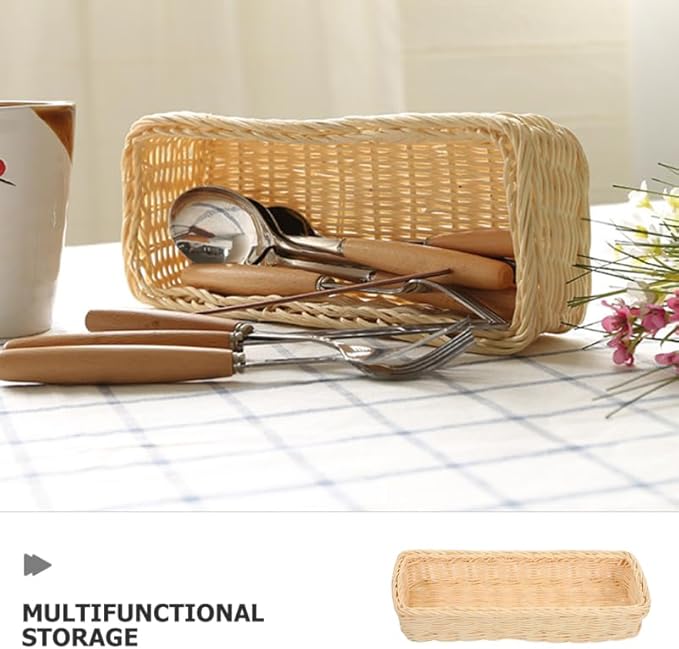 ULTECHNOVO Rattan Woven Cutlery Basket 2-Pack Utensil Organizer Spoon Fork Holder Kitchen Drawer Storage Tray 9.84X3.93X1.96 Inches Multipurpose Flatware Holder for Home