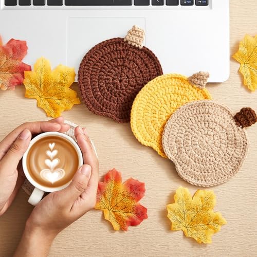4 Pcs Fall Crochet Coasters, Ginger Yellow,Dark Brown,Khaki,Beige, Pumpkin - Image 3