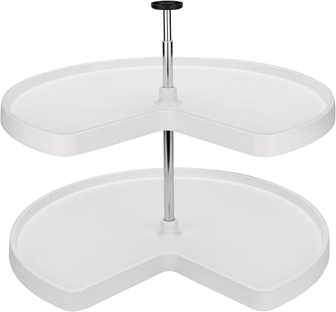 Rev-A-Shelf 2 Tier Kidney Cut Lazy Susan for Corner Base Cabinets, Plastic, 32" Double Shelf Swivel Kitchen Spice/ Can Organizer, White, 3472-32-11-52
