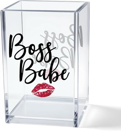 Boss Babe Acrylic Makeup Brush Organizer Holder, Funny Babe Pen Holder Cup, Promotion Appreciation Gifts for Women Female Girl Boss Boss Lady t Makeup Lover, Thank you Gifts for Female
