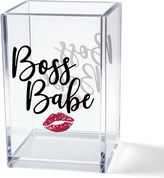 Boss Babe Acrylic Makeup Brush Organizer Holder, Funny Babe Pen Holder Cup, Promotion Appreciation Gifts for Women Female Girl Boss Boss Lady t Makeup Lover, Thank you Gifts for Female