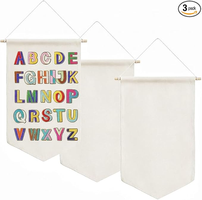 3 PCS Canvas Banner Blank with Wooden Dowel, Canvas Banners Wall Hanging Brooch Jewelry Badges Display, Enamel Pin Wall Organizer for Buttons Earrings (White, Small)