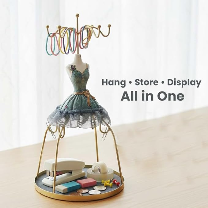 Go Hooked Doll Dress Jewelry Holder Stand | Jewelry Organizer Stand with Hooks for Necklaces, Earrings, Bracelets & Rings | Decorative Jewelry Storage Display for Dressing Table Bedroom Gifting (Grey)