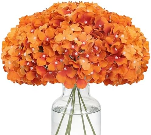 Fake Orange Hydrangea Artificial Flowers - Faux Silk Hydrangeas Flowers Heads with Stems Real Touch for Home Wedding Party Table Decor(Orange,Pack of 10) by FLORRALIAArtificialFlowers